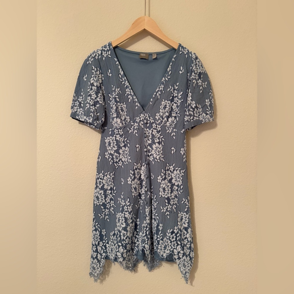 ASOS Blue Floral V-Neck Puff Sleeve Dress